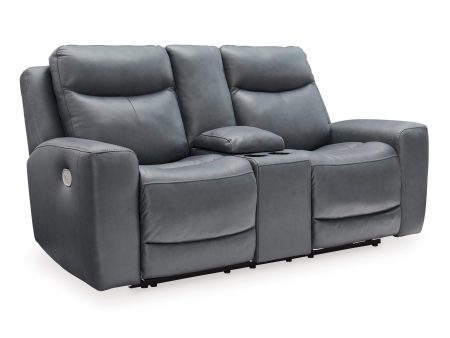 Signature Design by Ashley Mindanao Power Reclining Leather Match Loveseat with Console U5950418C Cheap