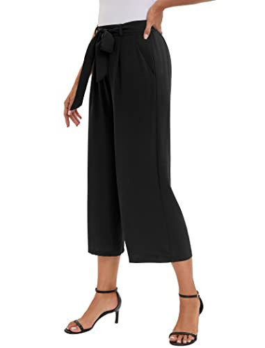 Famulily Pantalones largos de mujer para el tiempo libre, pantalones de pierna ancha, pantalones de talle alto, elegantes para mujer, monocolor, pantalones para el tiempo libre, con cinturón, Negro, XXL Reacondicionado Fashion