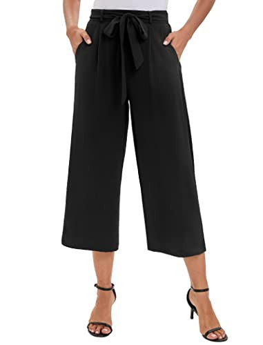 Famulily Pantalones largos de mujer para el tiempo libre, pantalones de pierna ancha, pantalones de talle alto, elegantes para mujer, monocolor, pantalones para el tiempo libre, con cinturón, Negro, XXL Reacondicionado Fashion