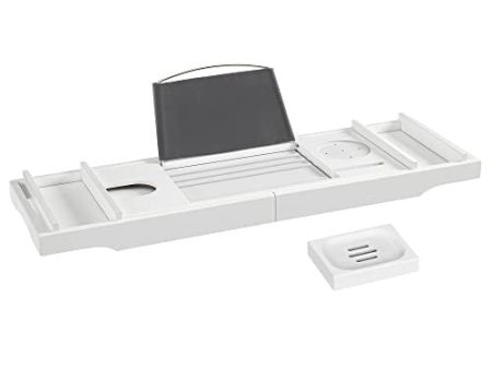 Songmics Bandeja para Bañera de Bambú, Puente de Bañera Extensible con Ranura para Tazas, Tableta y Teléfono (75-109) x 23 x 4,5 cm, Blanco BCB088W01(Sin Bandeja Jabonera) Reacondicionado Discount